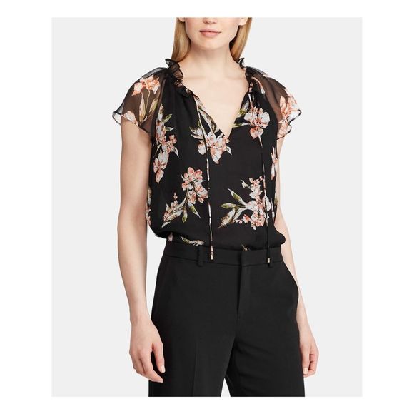 RALPH LAUREN Tops - RALPH LAUREN Womens Black Sheer Ruffled Floral Flutter V Neck Blouse Petites PXS